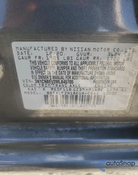2021 Nissan Versa Sv z USA, uszkodzony, nr VIN 3N1CN8EV2ML845705